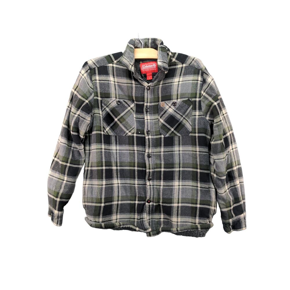 Mens Coleman Button Up Sherpa Fleece Lined Plaid Jacket Size S Green & Gray